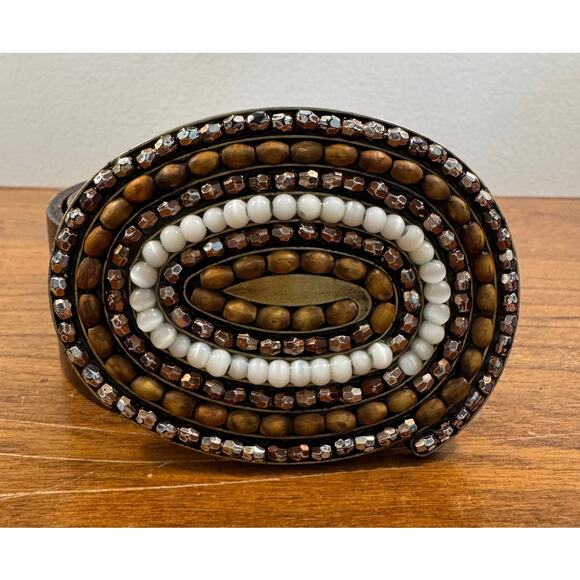 Brown Leather Belt Beaded Oval Buckle Boho Western Tribal Statement Accessory M - Picture 3 of 7